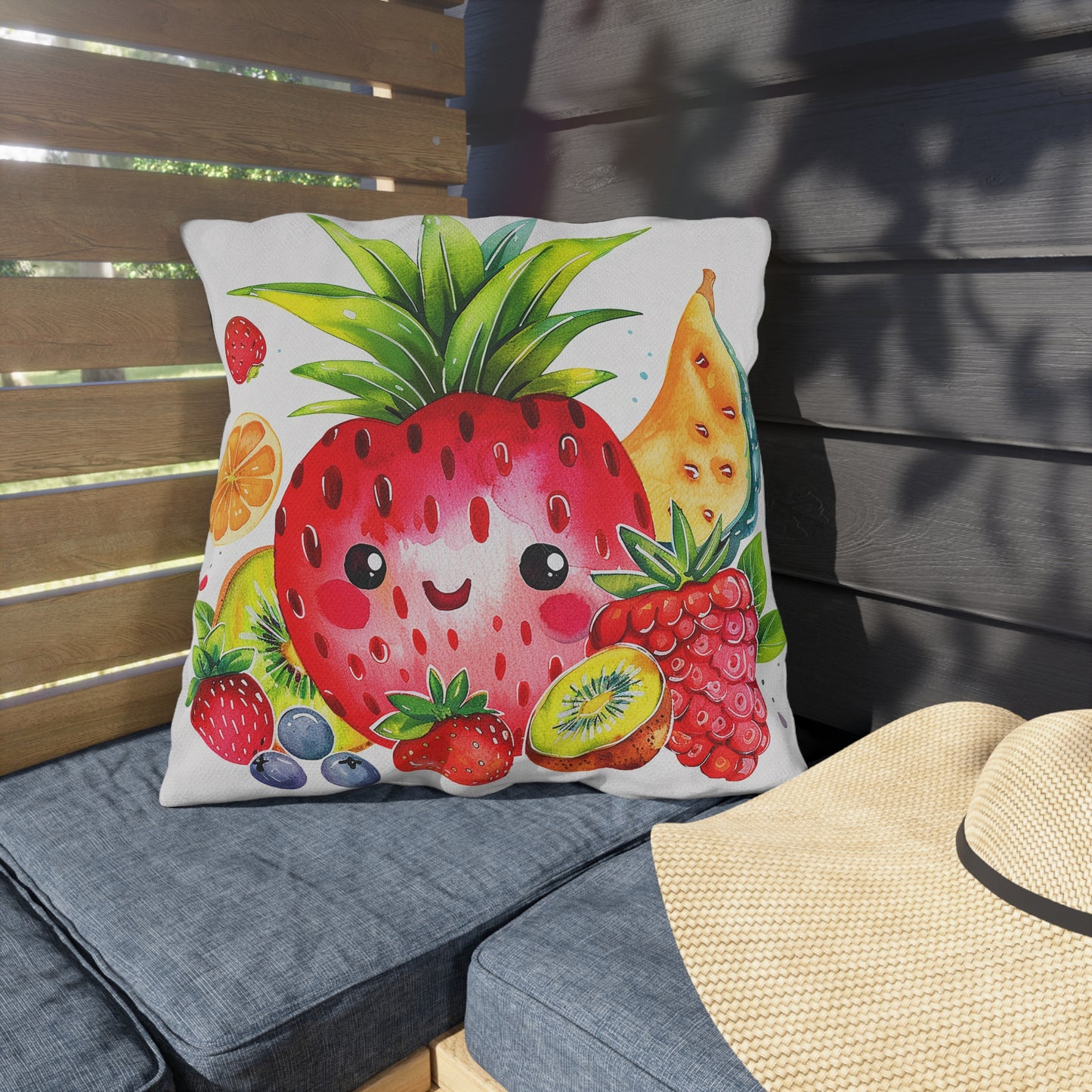 Coussin d'extérieur Fruits d'Été Kawaï - Tissu Résistant aux UV - 3 Tailles Disponibles - Décoration estivale