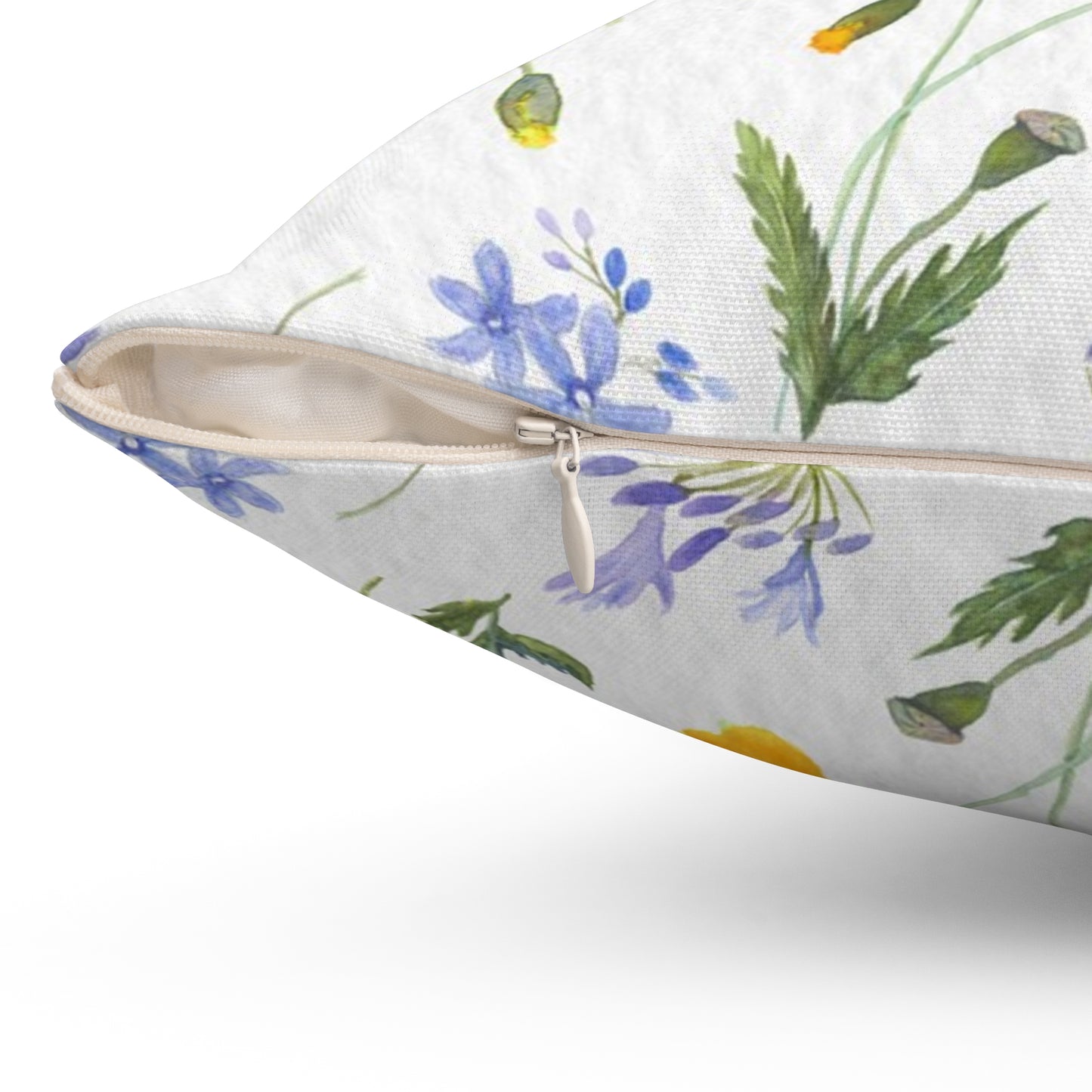 Square pillow with floral pattern California poppies and agapanthus in watercolor