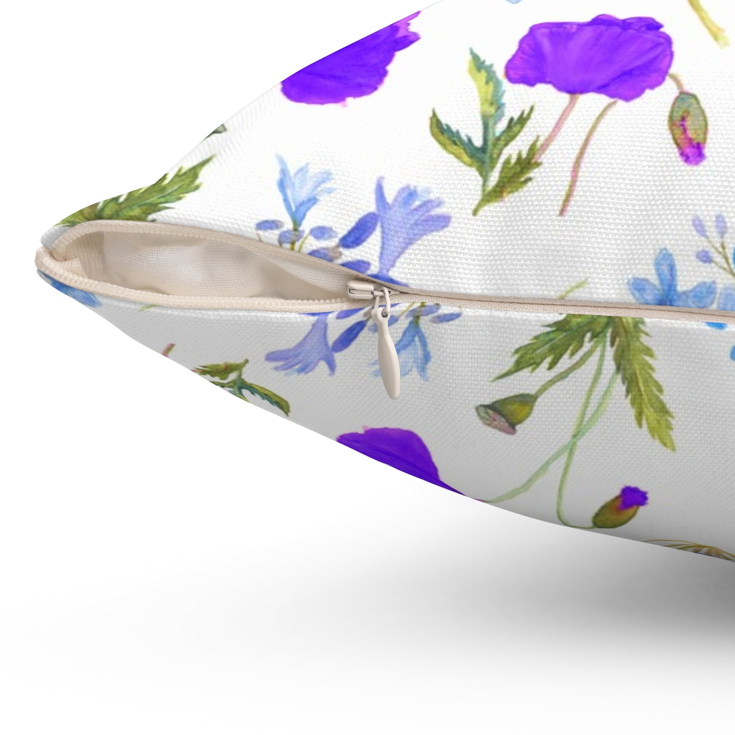 Square pillow with floral pattern California poppies and agapanthus in watercolor