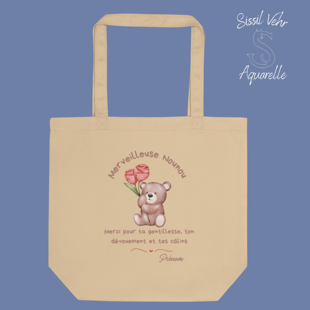 Tote Bag Bio Nounou Personnalisable/ sac merveilleuse nounou/ sac cadeau nounou Petit ourson /sac nounou personnalisé/cadeau nounou
