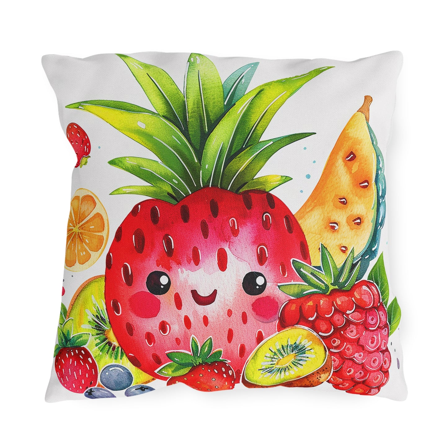 Coussin d'extérieur Fruits d'Été Kawaï - Tissu Résistant aux UV - 3 Tailles Disponibles - Décoration estivale