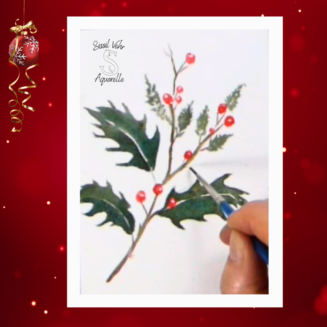 Détail de la peinture à l'aquarelle : ajouter les touches finales et les lumiÚres sur les baies rouges de la branche de houx.