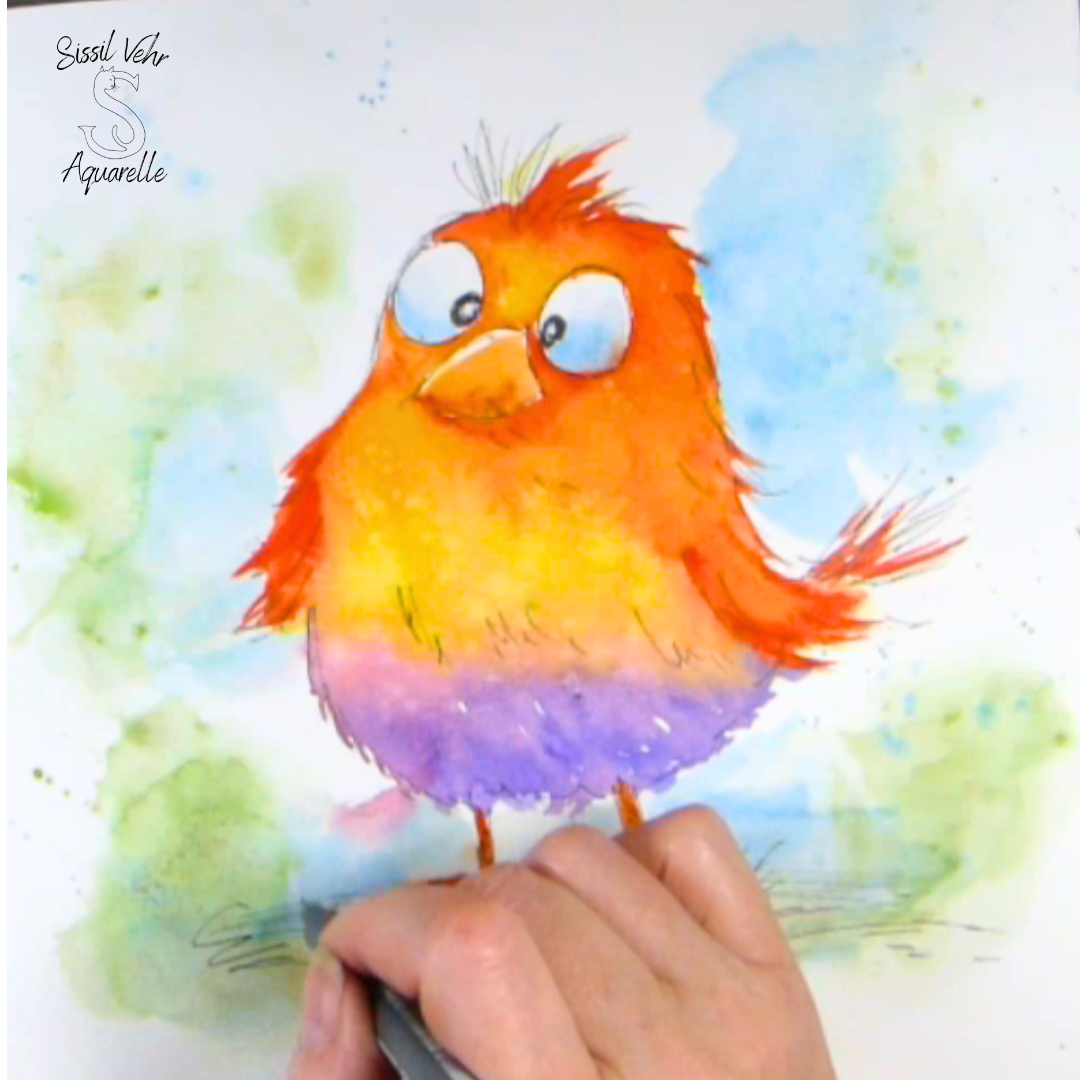 Finition à l'encre ou sépia pour les contours et expressions touche finale du tutoriel 'oiseau fantaisie