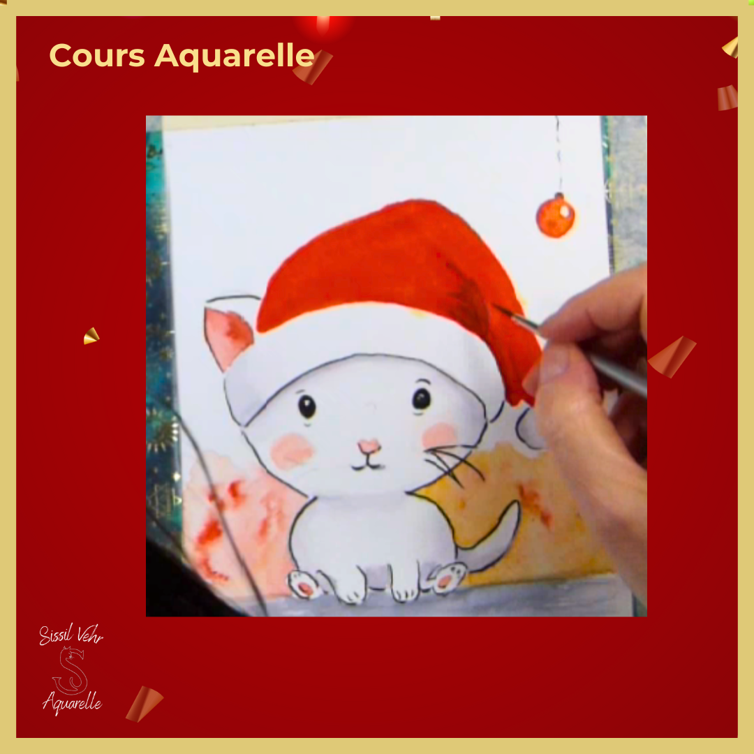 Finitions aquarelle : ajouter détails rouges et pompon du Père Noël / Tuto créatif.