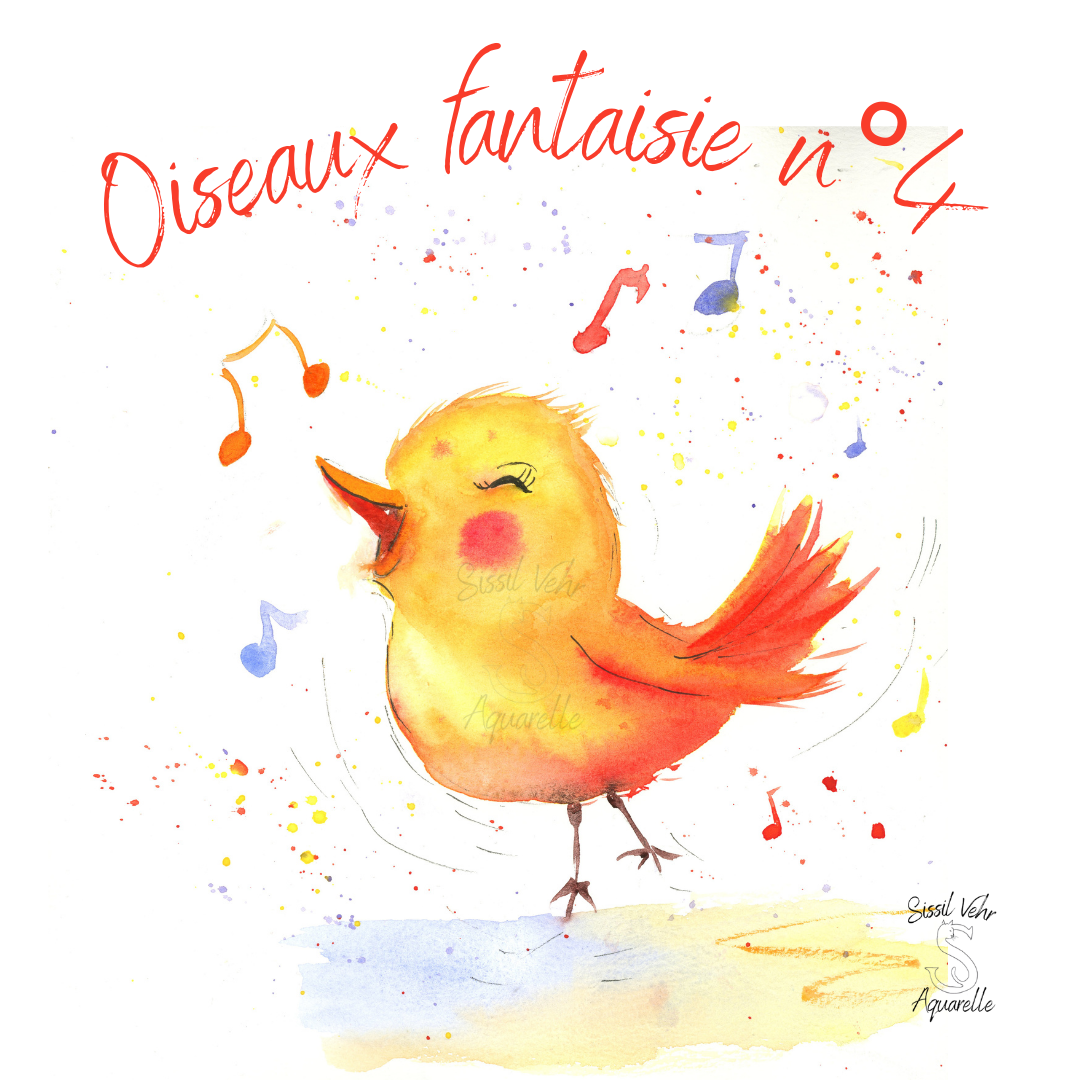 Oiseau Fantaisie n°4 Mélodine chantant, avec notes de musique et éclaboussures en aquarelle. Illustration du cours sur le mouvement et la lumière