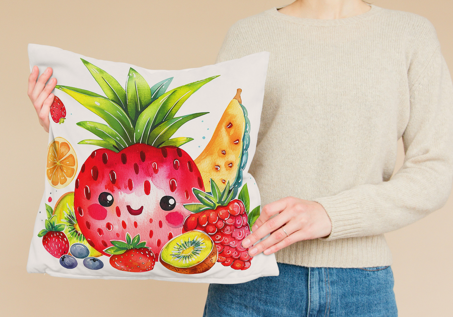 Coussin d'extérieur Fruits d'Été Kawaï - Tissu Résistant aux UV - 3 Tailles Disponibles - Décoration estivale