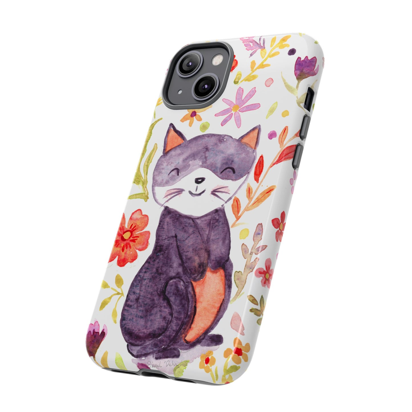 Robust and shock-resistant phone case Watercolor: Floral cat