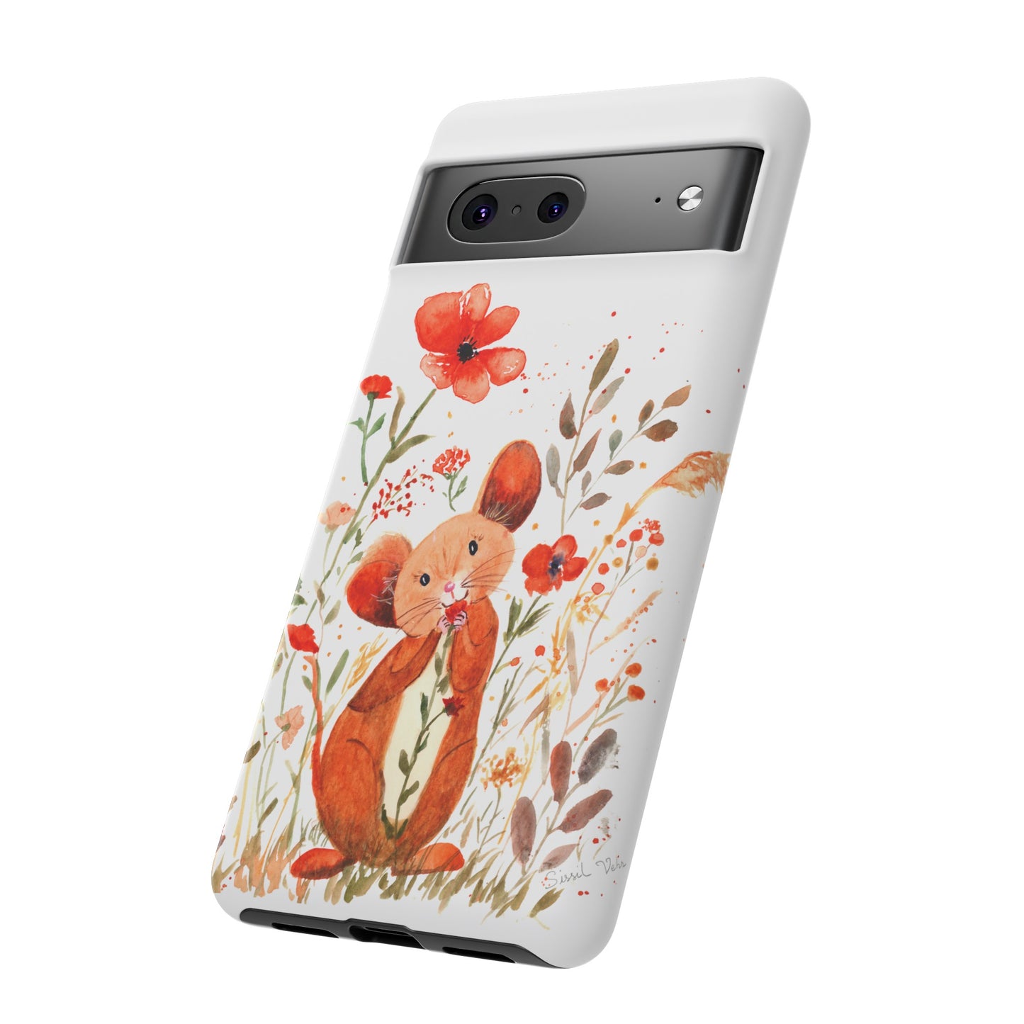 Coque téléphone robuste et résistante aux chocs  : Petite souris au milieu de fleurs