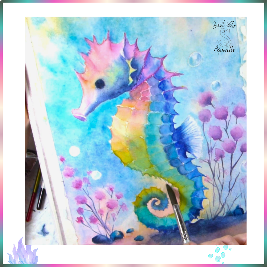 Cours Aquarelle Vidéo Téléchargeable : Peinture d’un Hippocampe Coloré | 4h47mn de Tutoriel + PDF