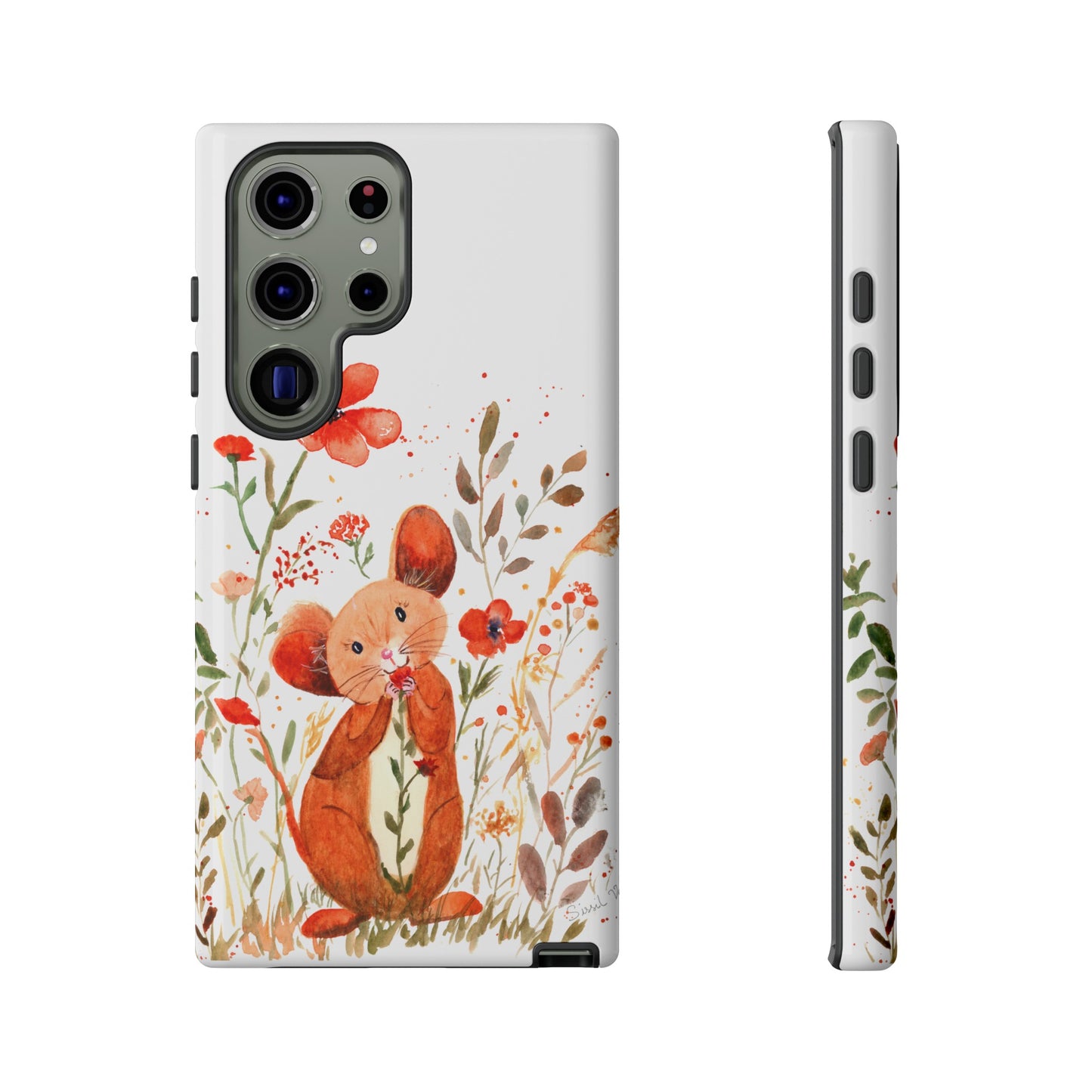 Coque téléphone robuste et résistante aux chocs  : Petite souris au milieu de fleurs