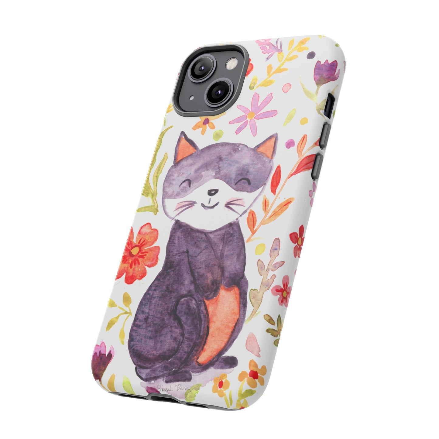 Robust and shock-resistant phone case Watercolor: Floral cat