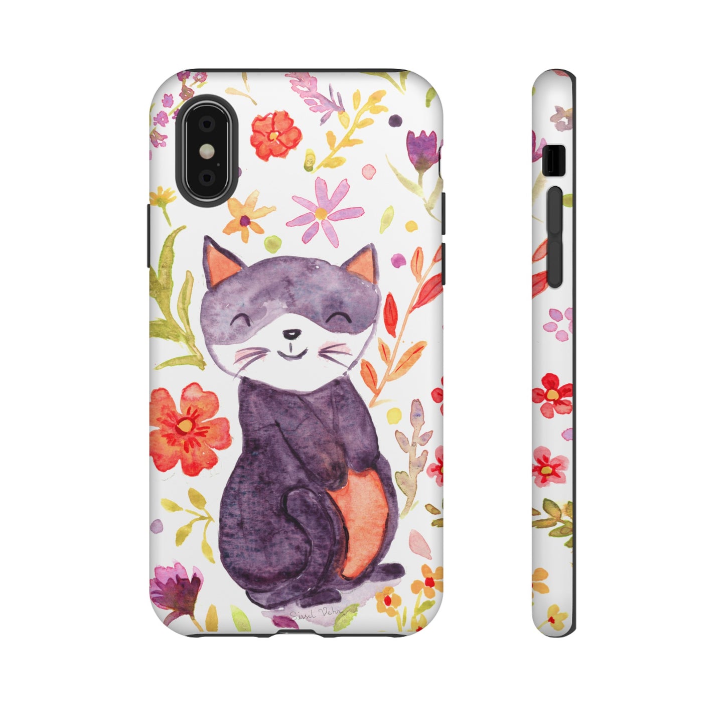 Robust and shock-resistant phone case Watercolor: Floral cat