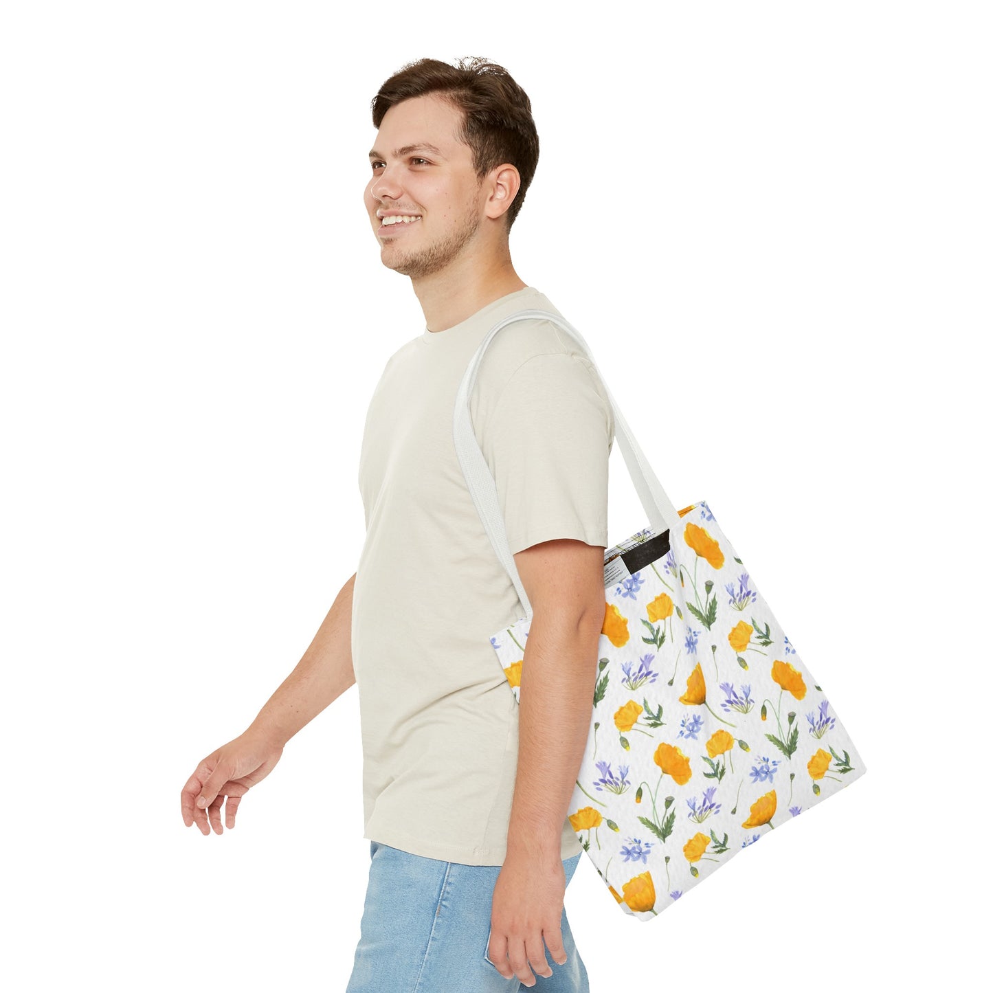 Pretty tote bag / Tote bag with California poppy flower pattern and watercolor agapanthus