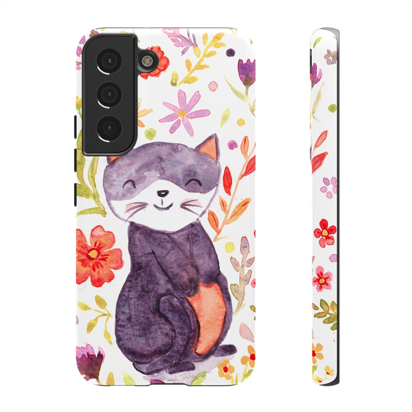 Robust and shock-resistant phone case Watercolor: Floral cat