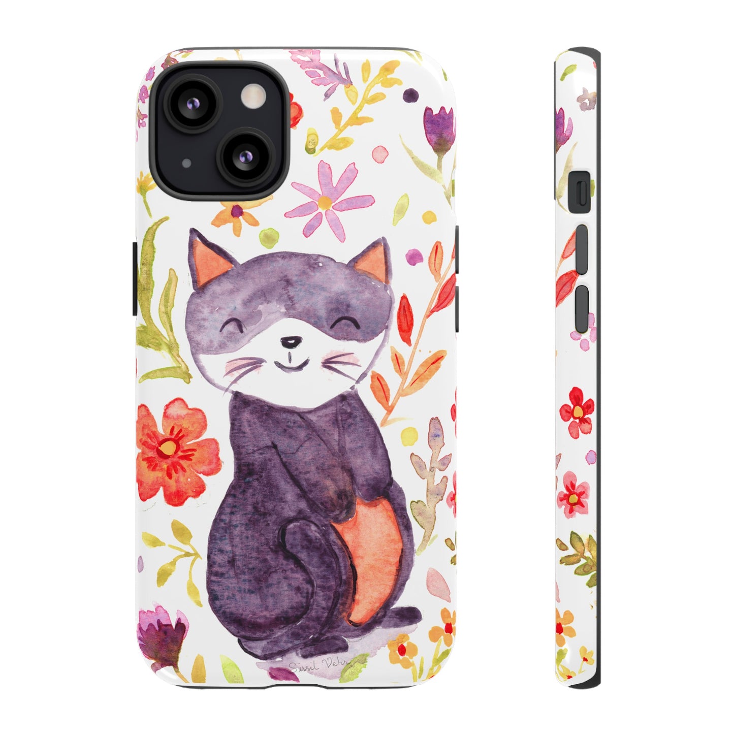 Robust and shock-resistant phone case Watercolor: Floral cat