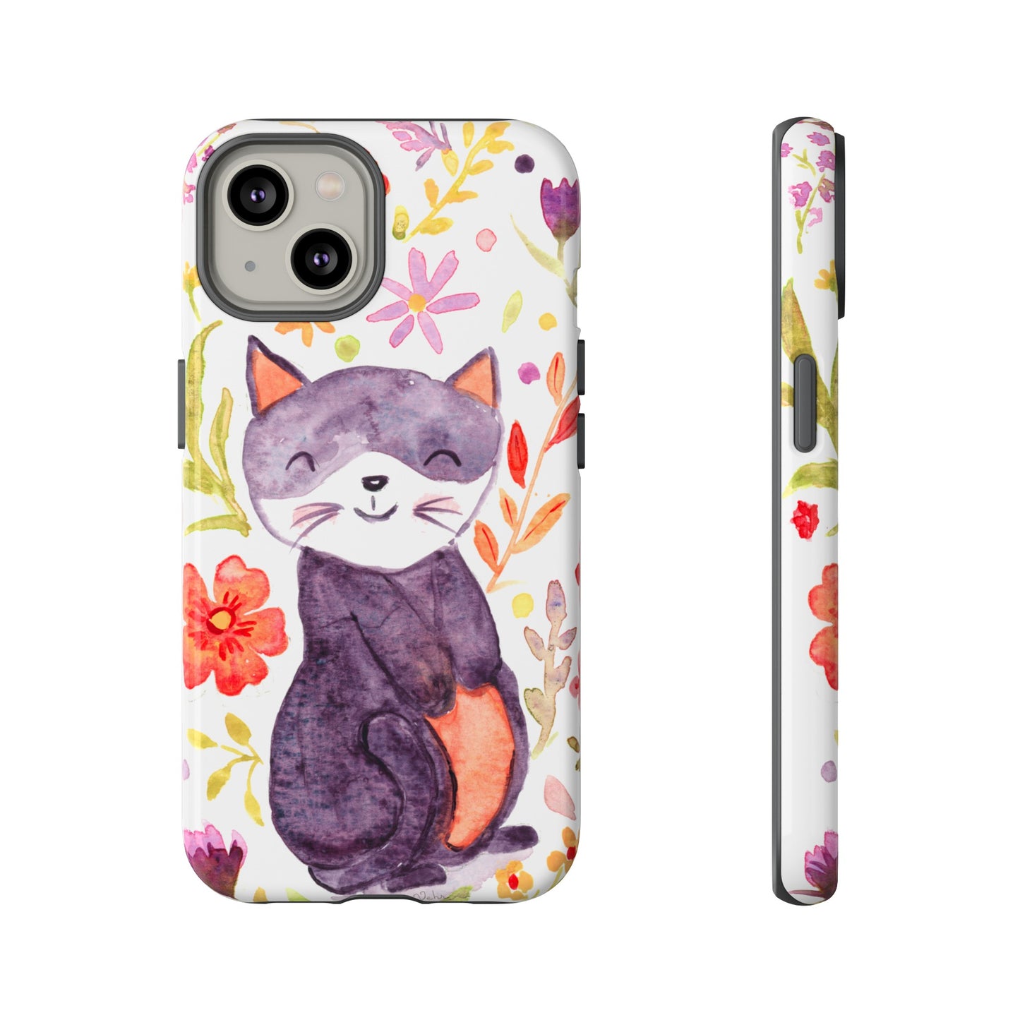 Robust and shock-resistant phone case Watercolor: Floral cat