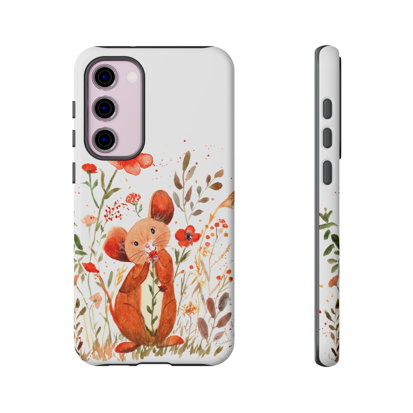 Coque téléphone robuste et résistante aux chocs  : Petite souris au milieu de fleurs