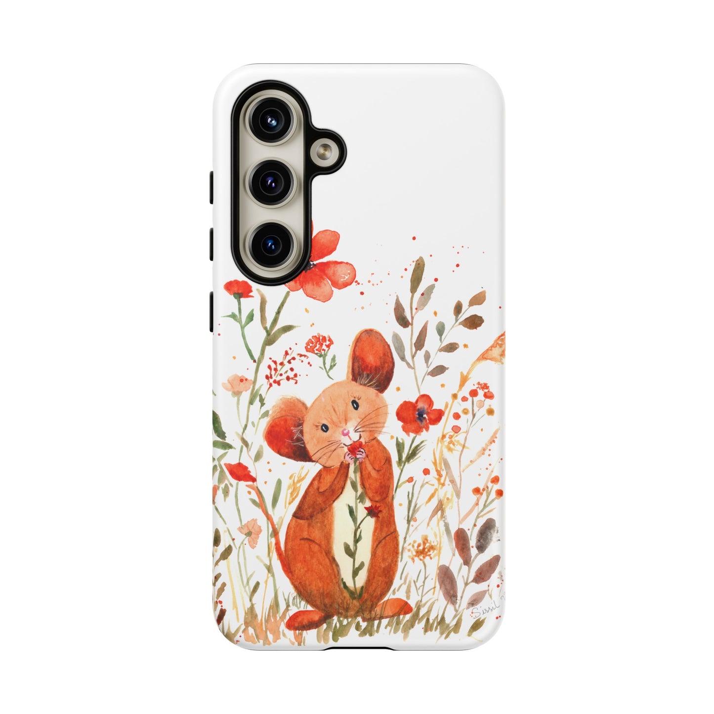 Coque téléphone robuste et résistante aux chocs  : Petite souris au milieu de fleurs