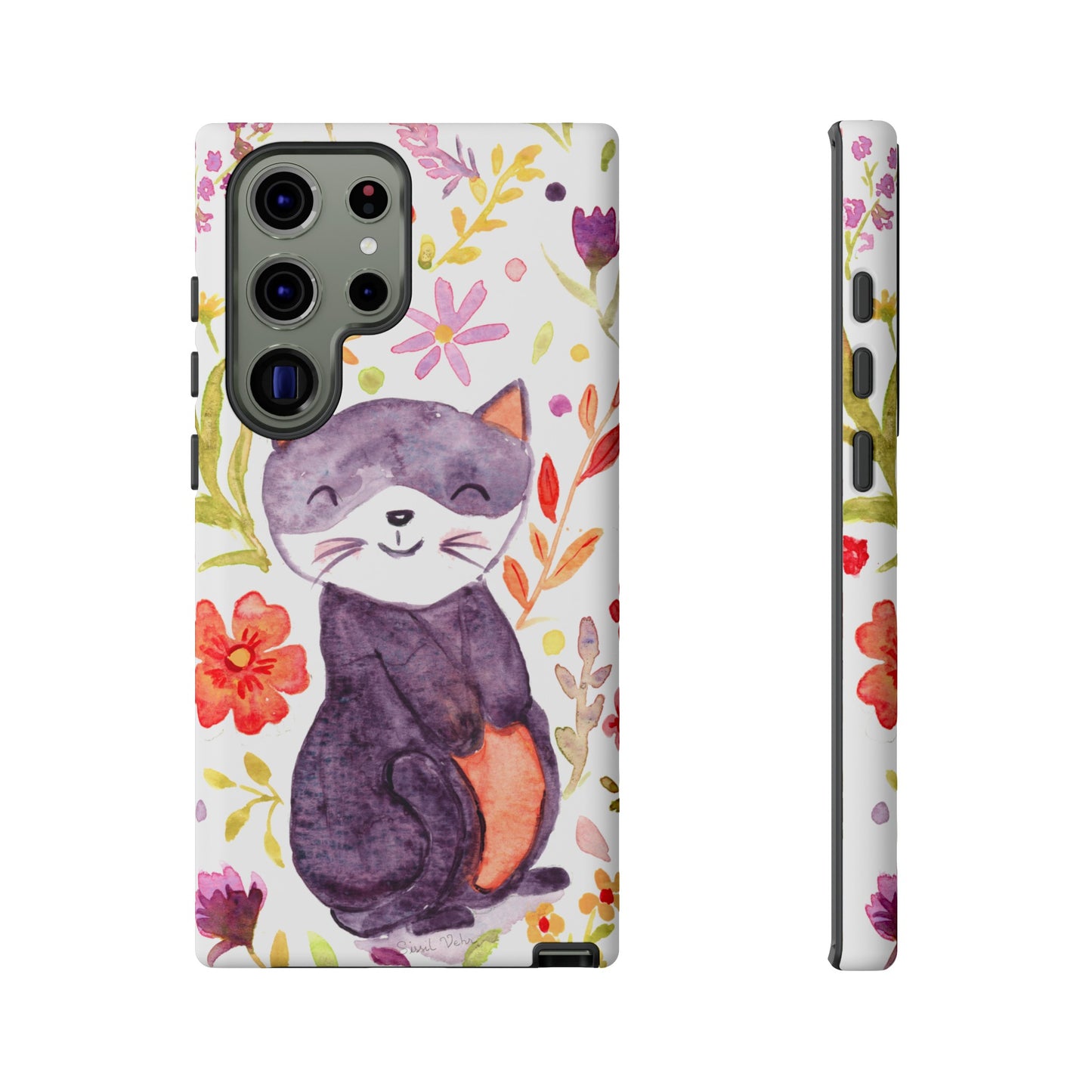 Robust and shock-resistant phone case Watercolor: Floral cat