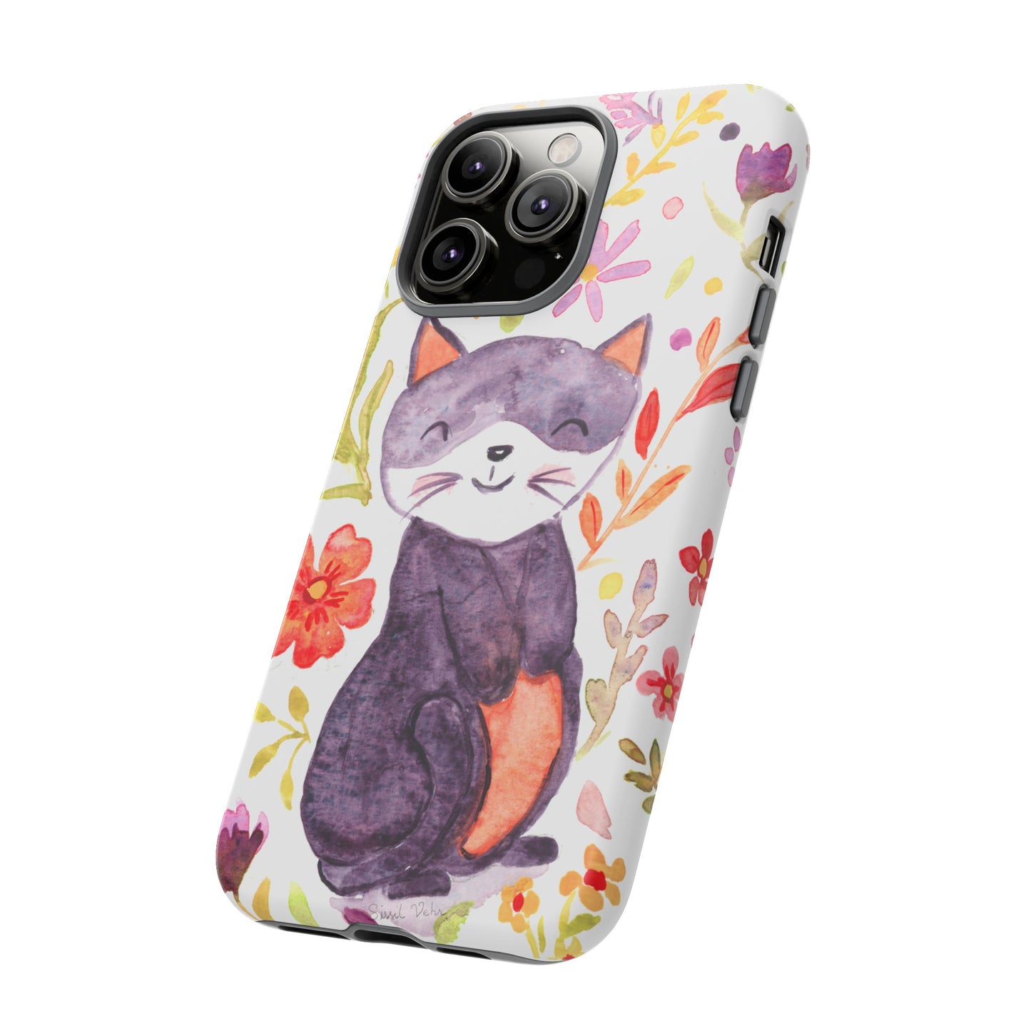 Robust and shock-resistant phone case Watercolor: Floral cat