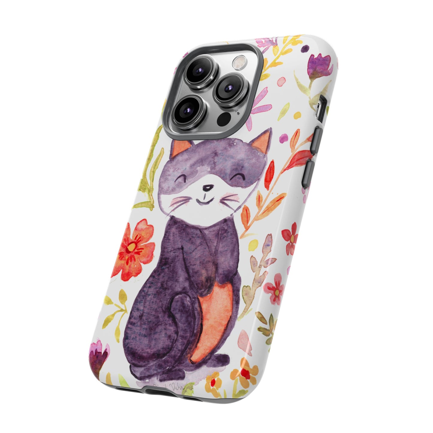 Robust and shock-resistant phone case Watercolor: Floral cat