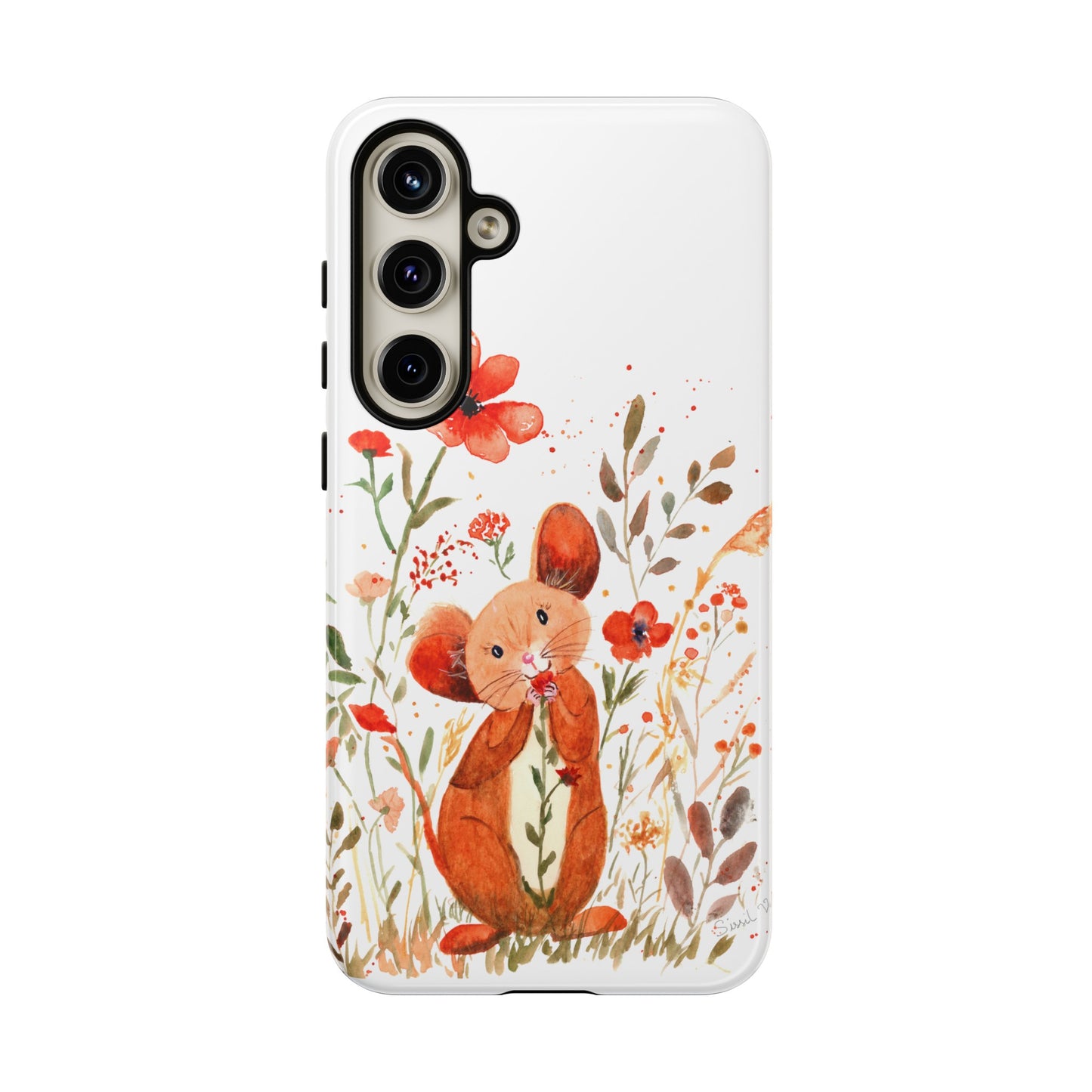 Coque téléphone robuste et résistante aux chocs  : Petite souris au milieu de fleurs