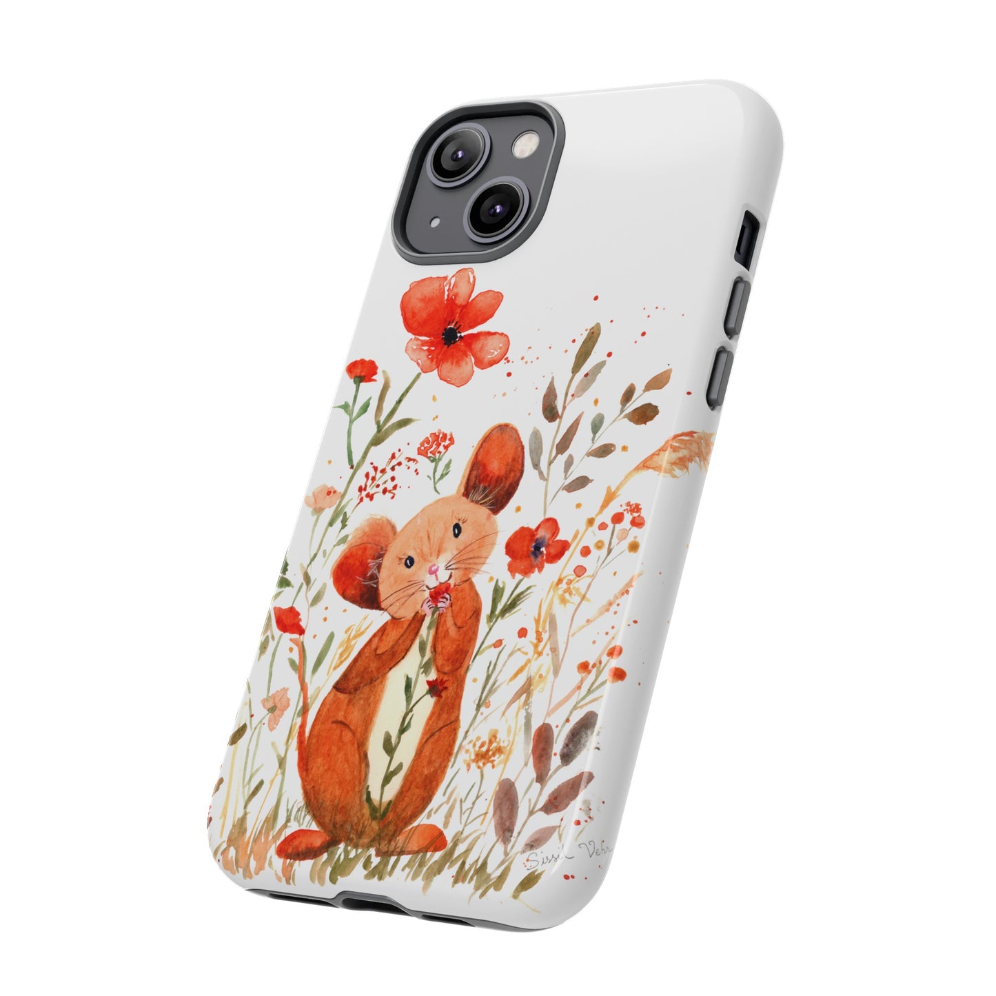 Coque téléphone robuste et résistante aux chocs  : Petite souris au milieu de fleurs