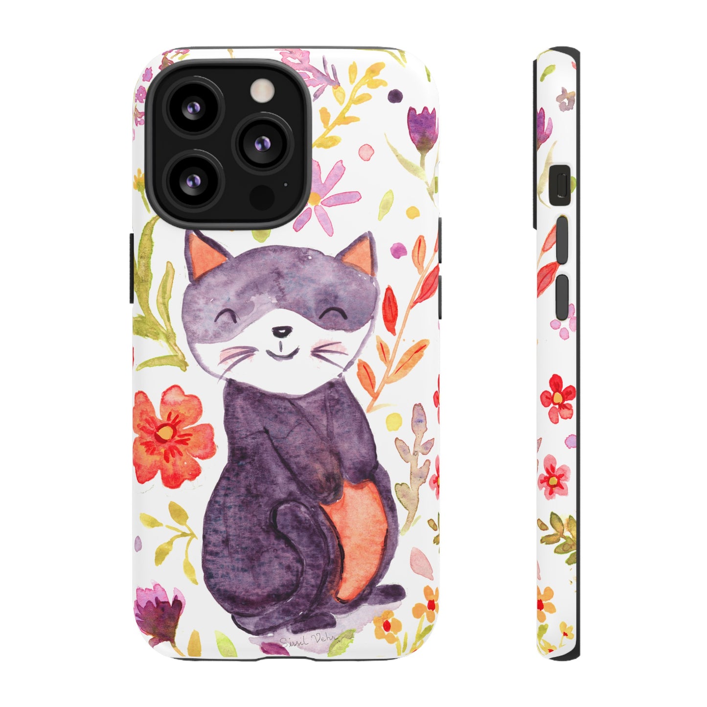 Robust and shock-resistant phone case Watercolor: Floral cat