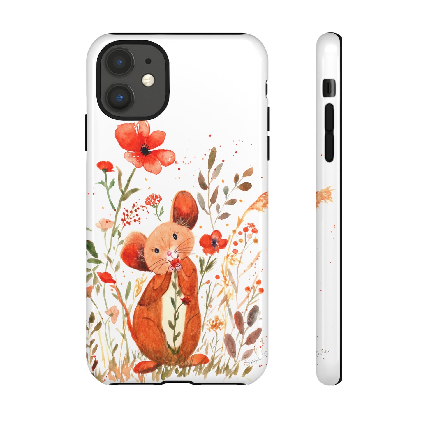 Coque téléphone robuste et résistante aux chocs  : Petite souris au milieu de fleurs