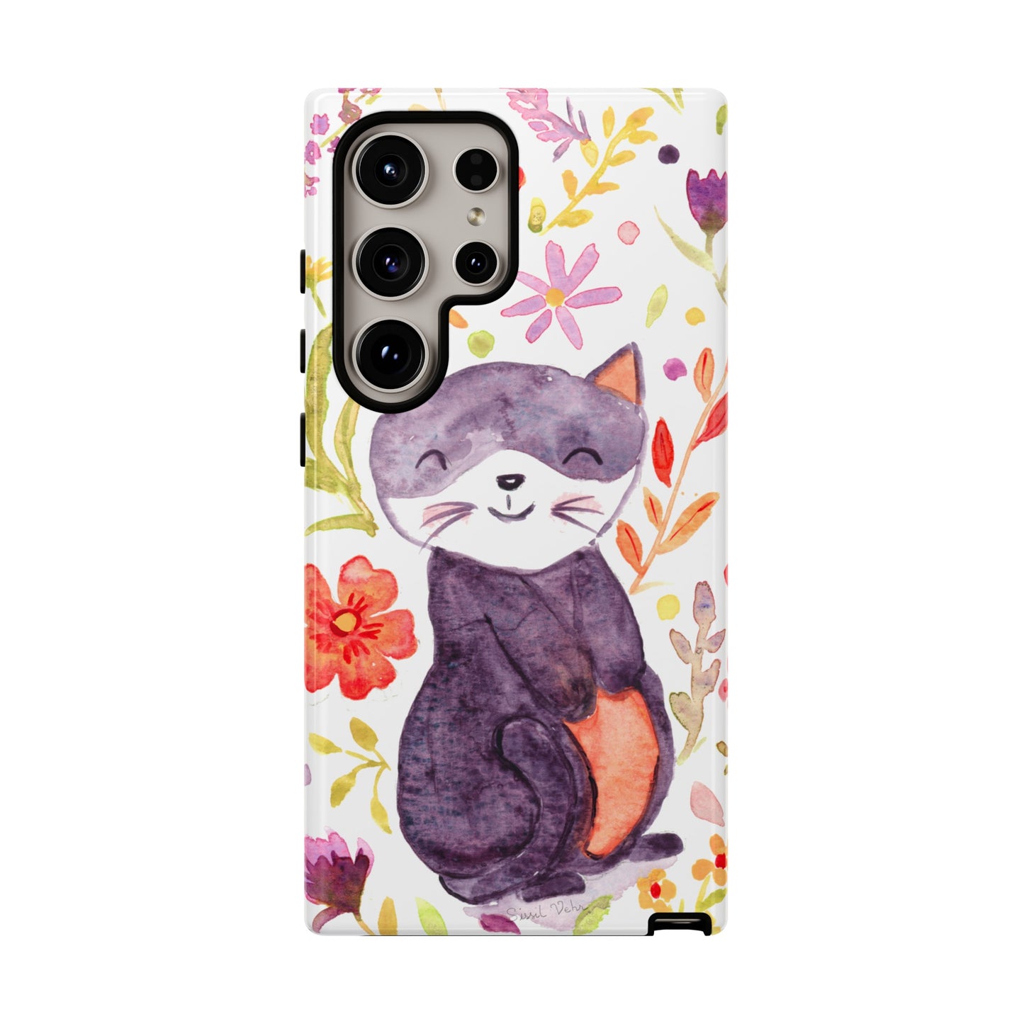 Robust and shock-resistant phone case Watercolor: Floral cat