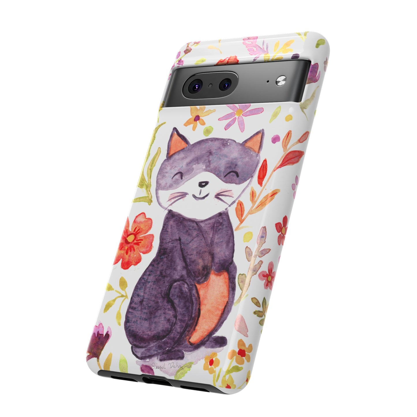 Robust and shock-resistant phone case Watercolor: Floral cat