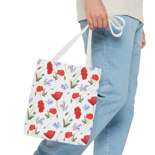 Joli sac fourre-tout / Tote bag avec motif fleuri Coquelicots et agapanthes à l'aquarelle
