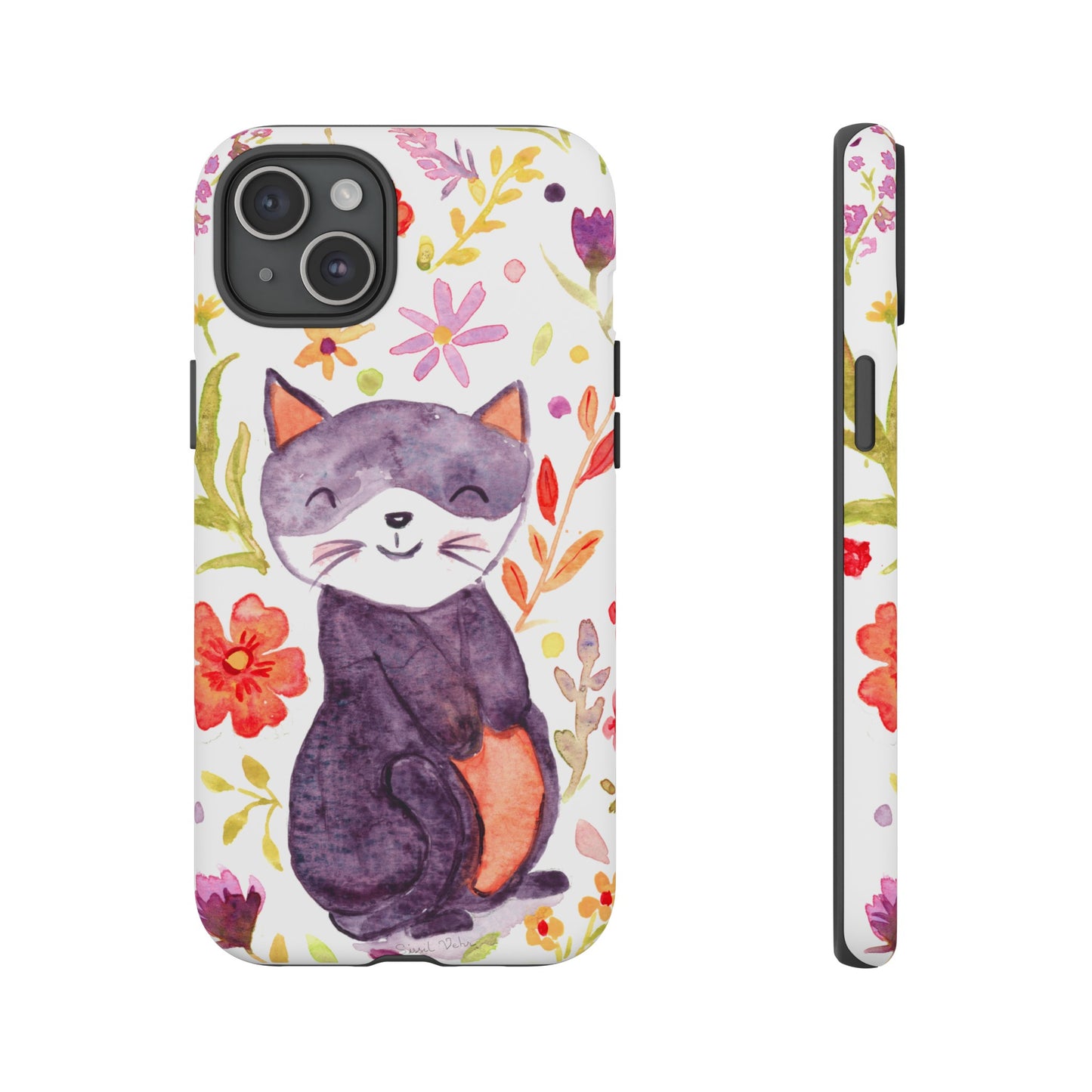 Robust and shock-resistant phone case Watercolor: Floral cat