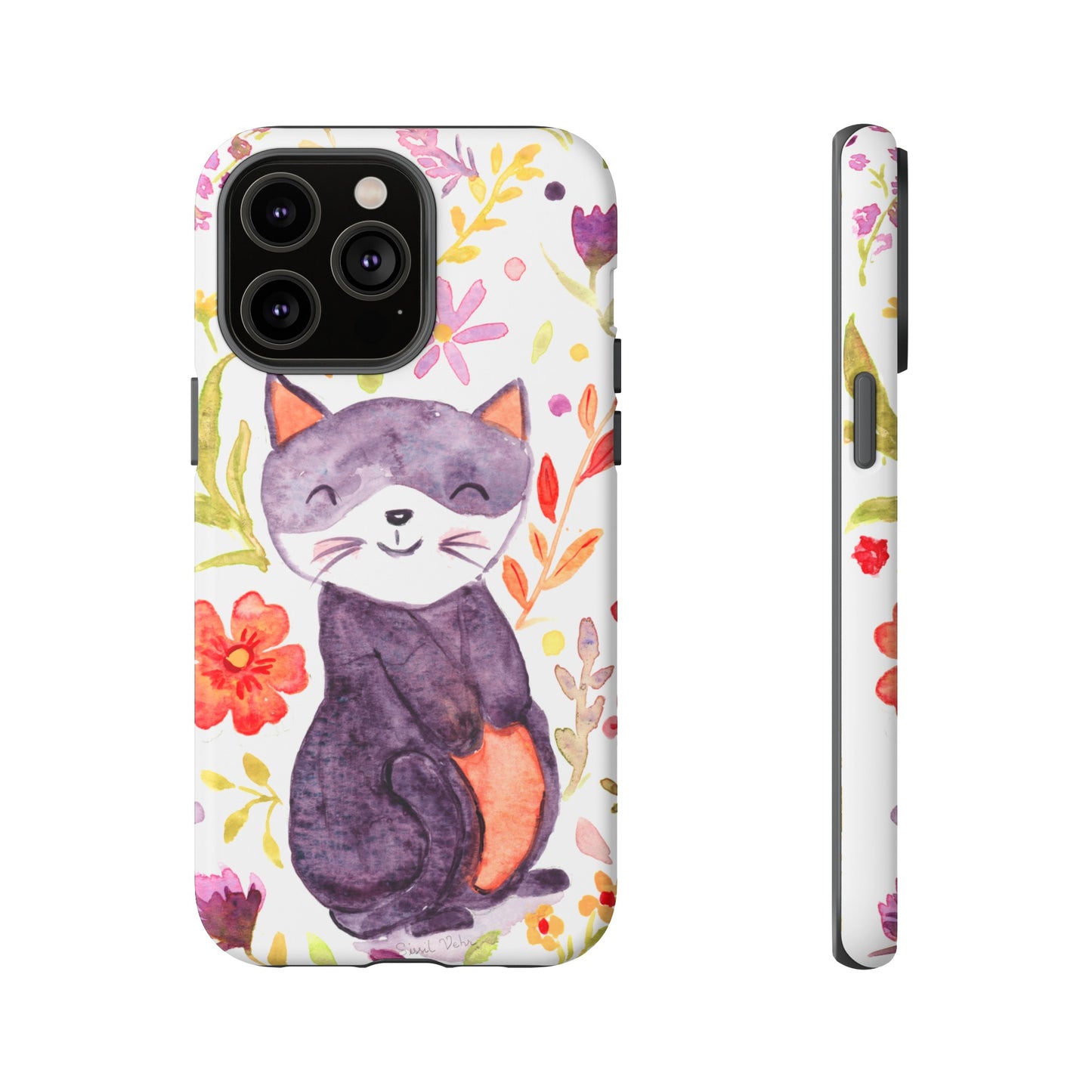 Robust and shock-resistant phone case Watercolor: Floral cat