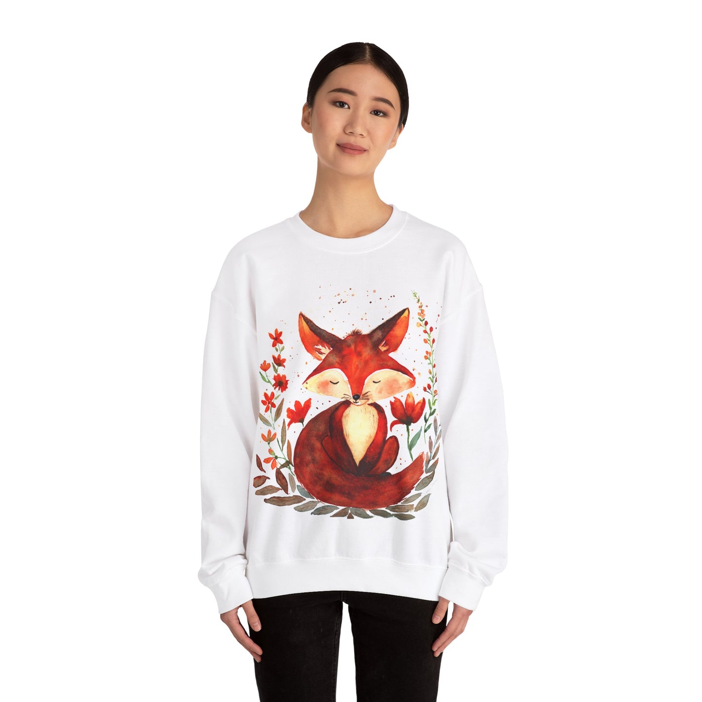 Pretty hand-painted fox and flowers Customizable sweatshirt: Unisex comfort clothing