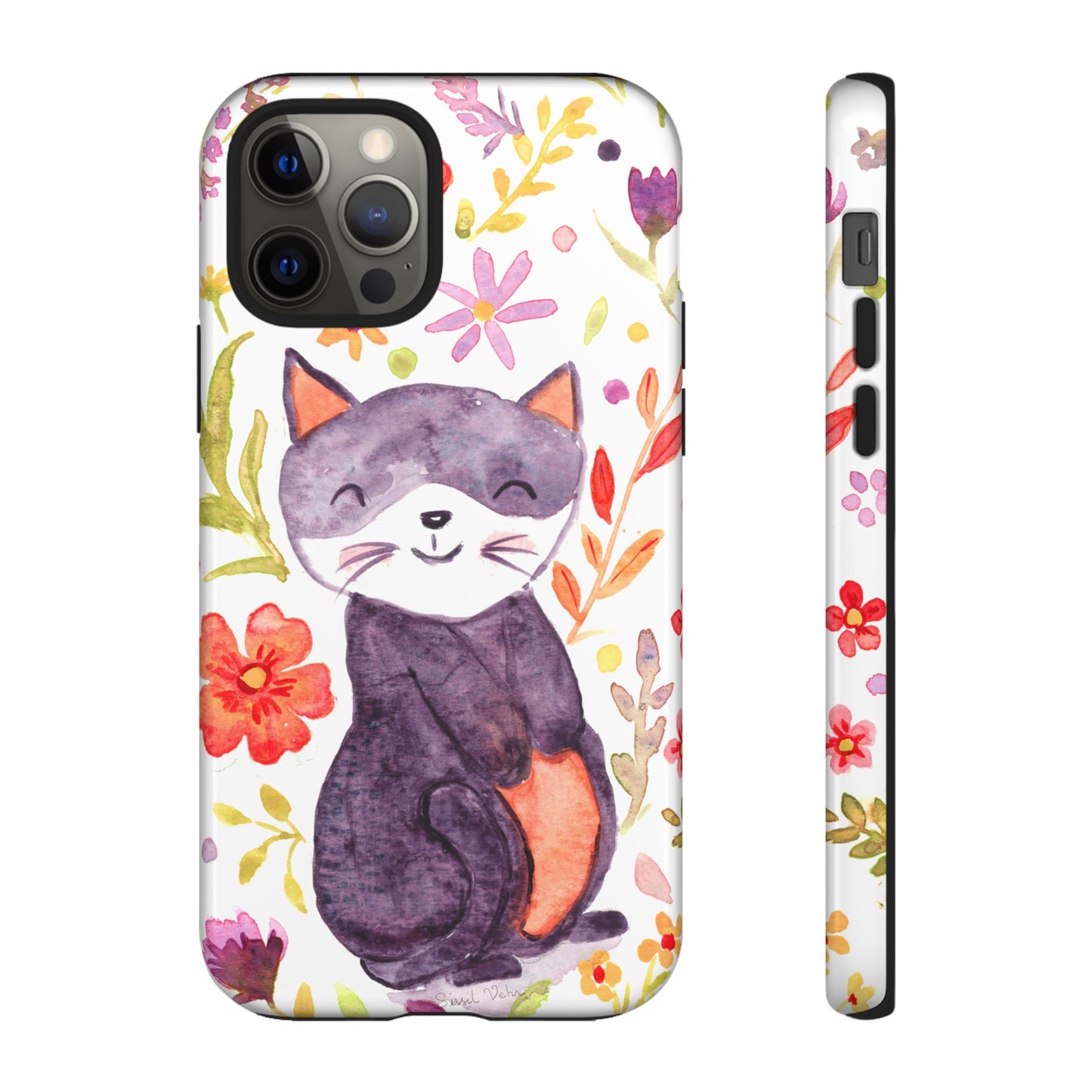 Robust and shock-resistant phone case Watercolor: Floral cat