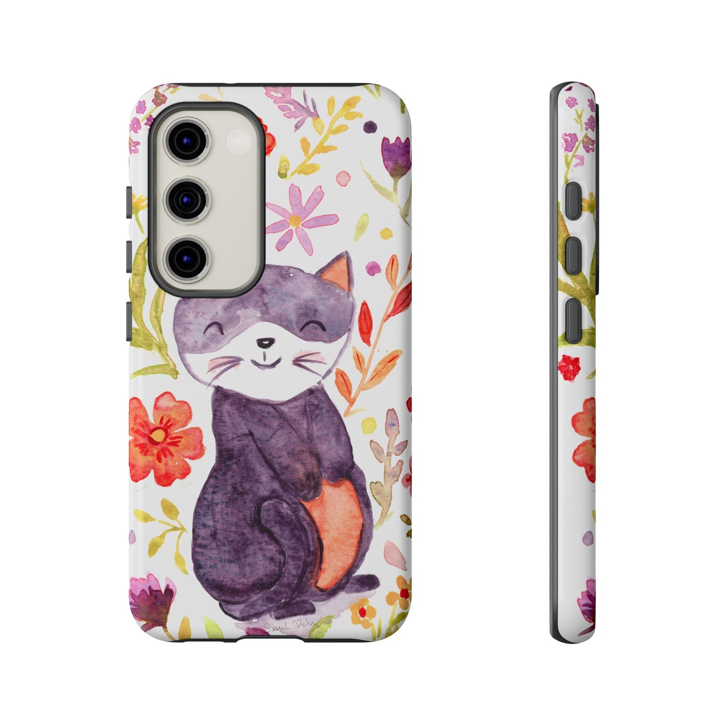 Robust and shock-resistant phone case Watercolor: Floral cat