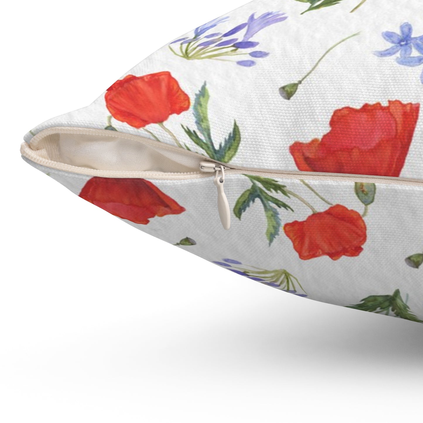 Square pillow with floral pattern Poppies and agapanthus in watercolor