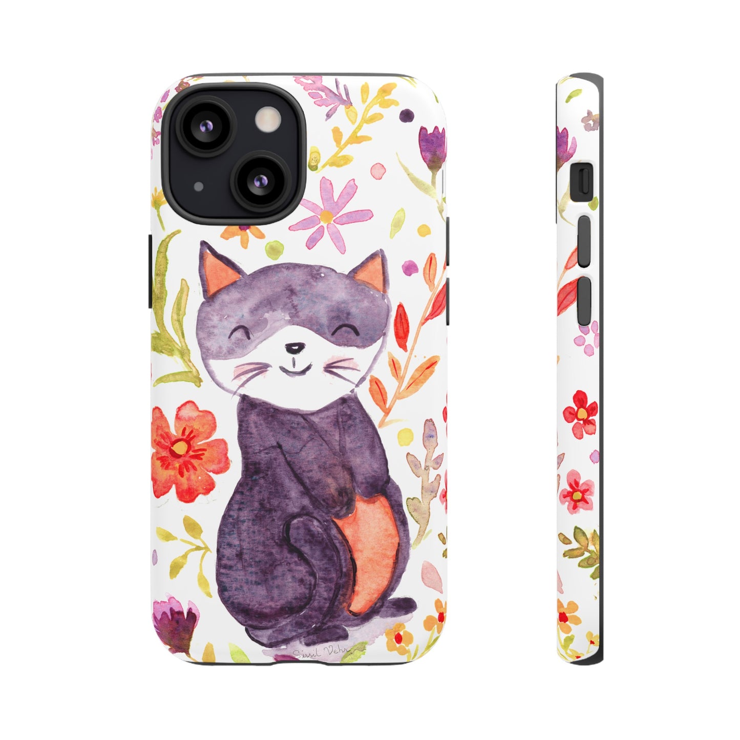 Robust and shock-resistant phone case Watercolor: Floral cat