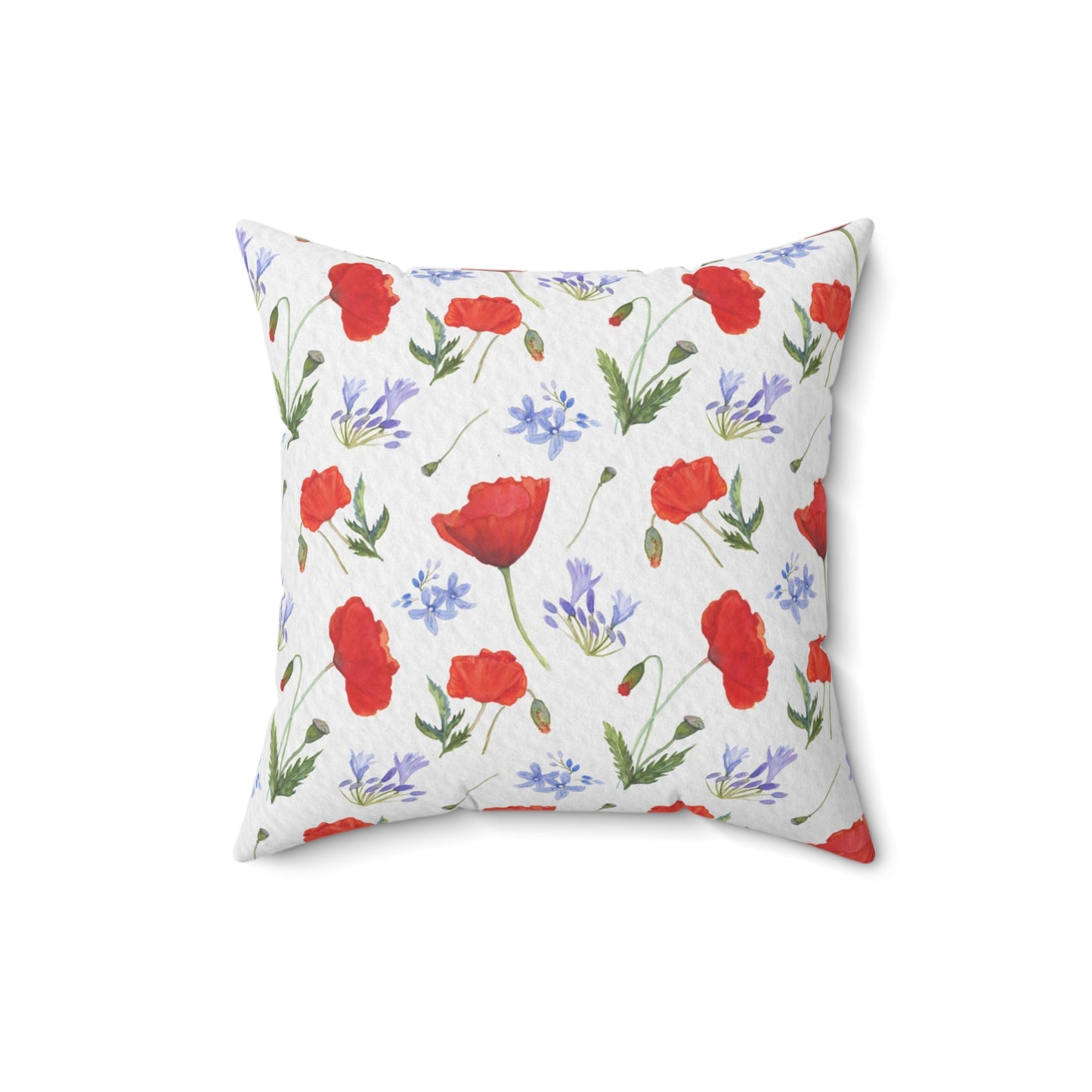 Square pillow with floral pattern Poppies and agapanthus in watercolor