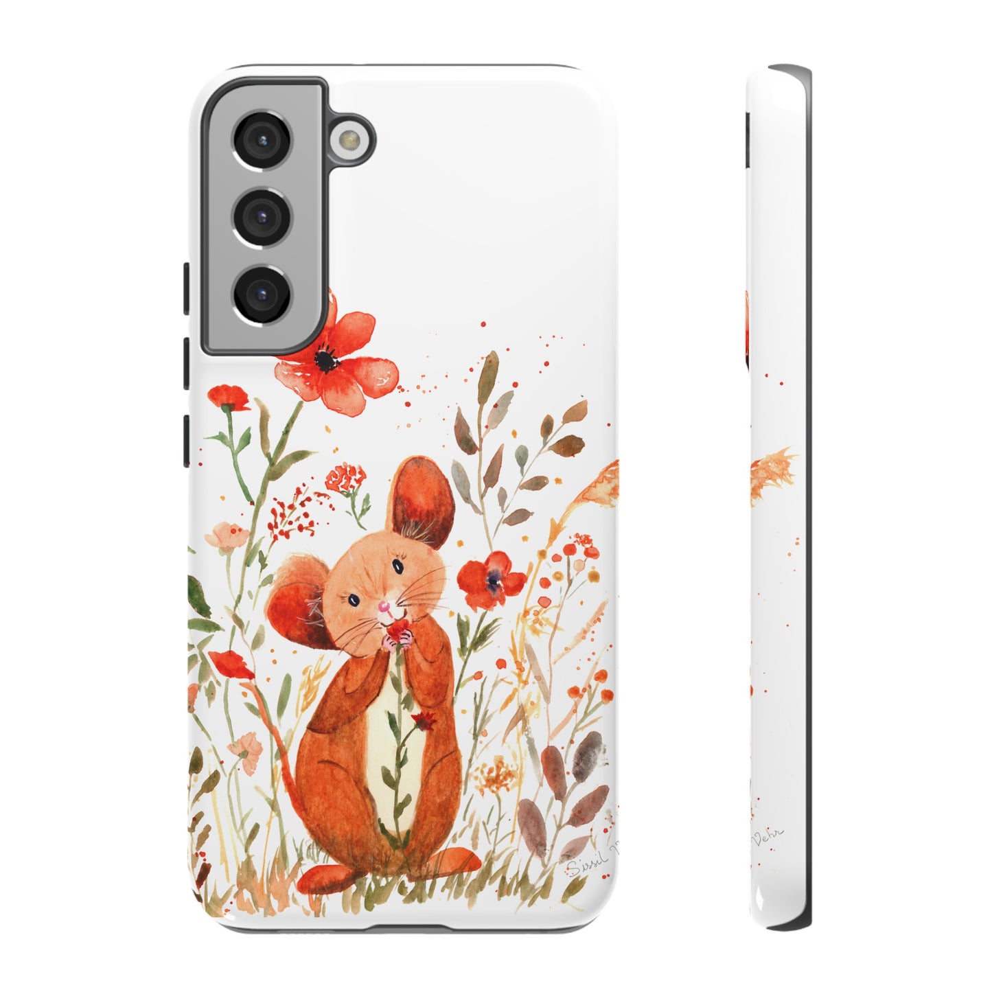 Coque téléphone robuste et résistante aux chocs  : Petite souris au milieu de fleurs