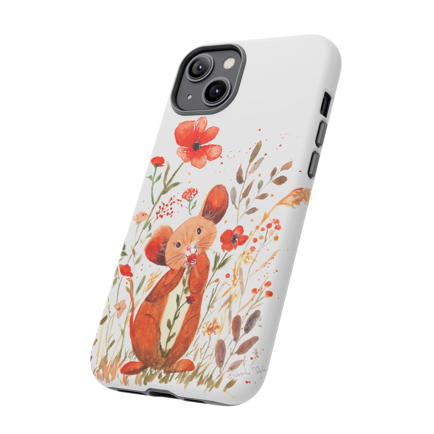 Coque téléphone robuste et résistante aux chocs  : Petite souris au milieu de fleurs