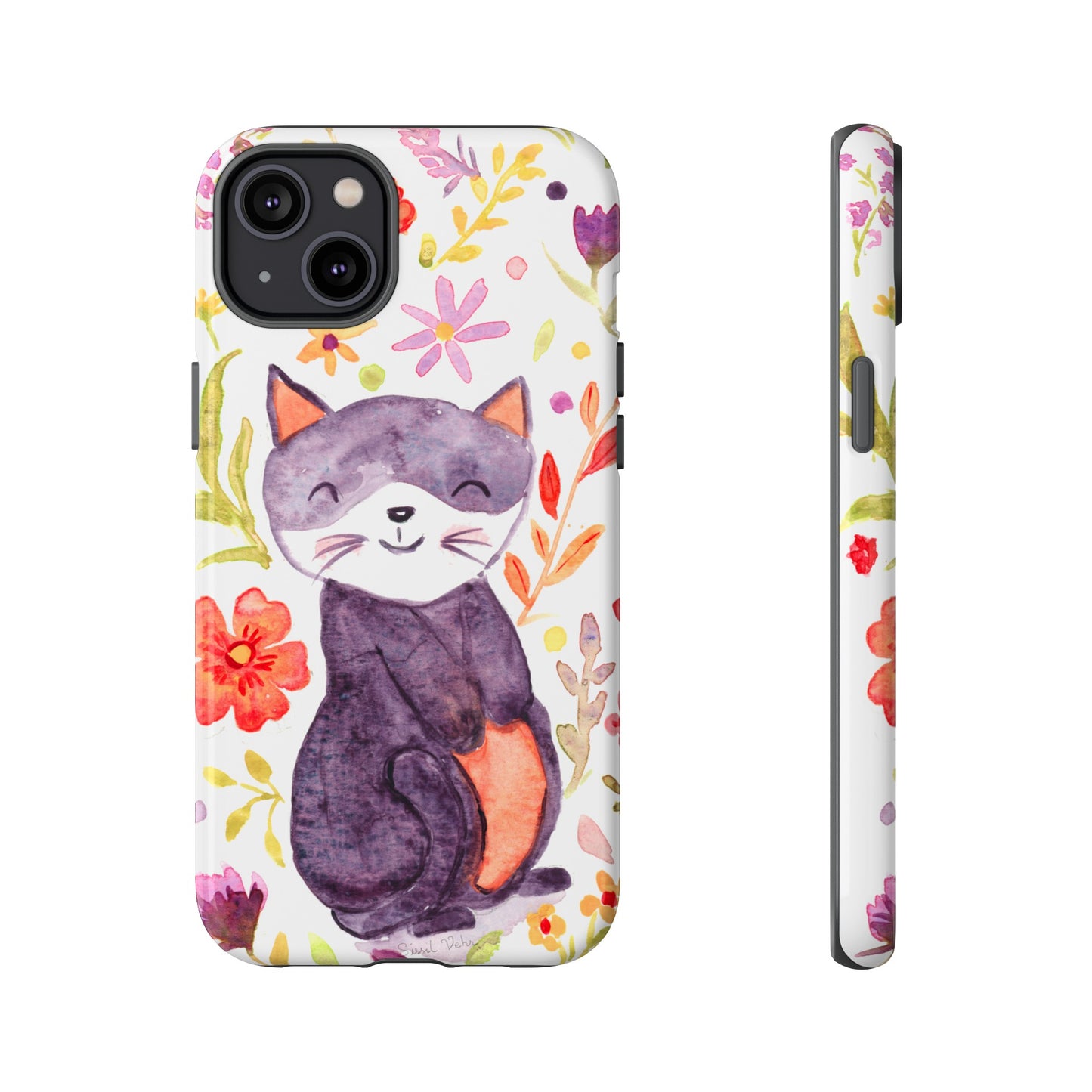 Robust and shock-resistant phone case Watercolor: Floral cat