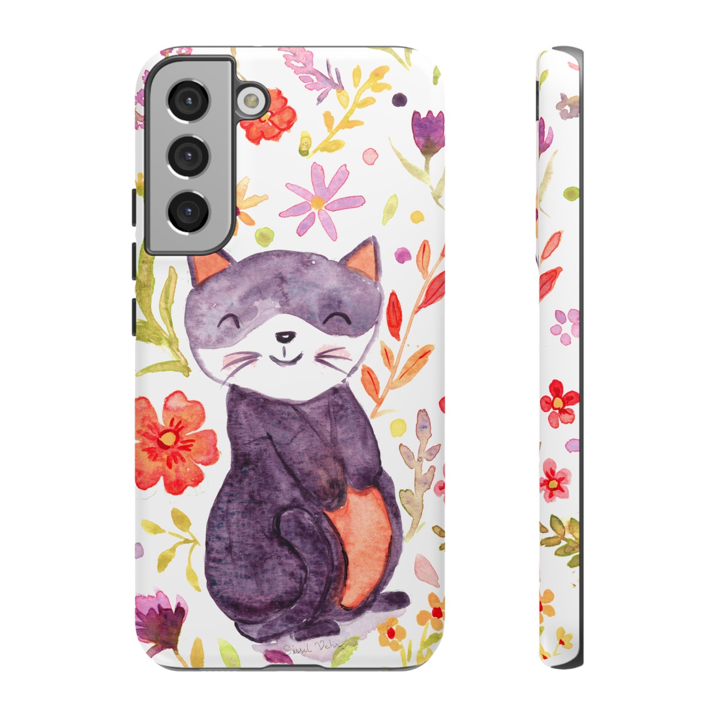 Robust and shock-resistant phone case Watercolor: Floral cat