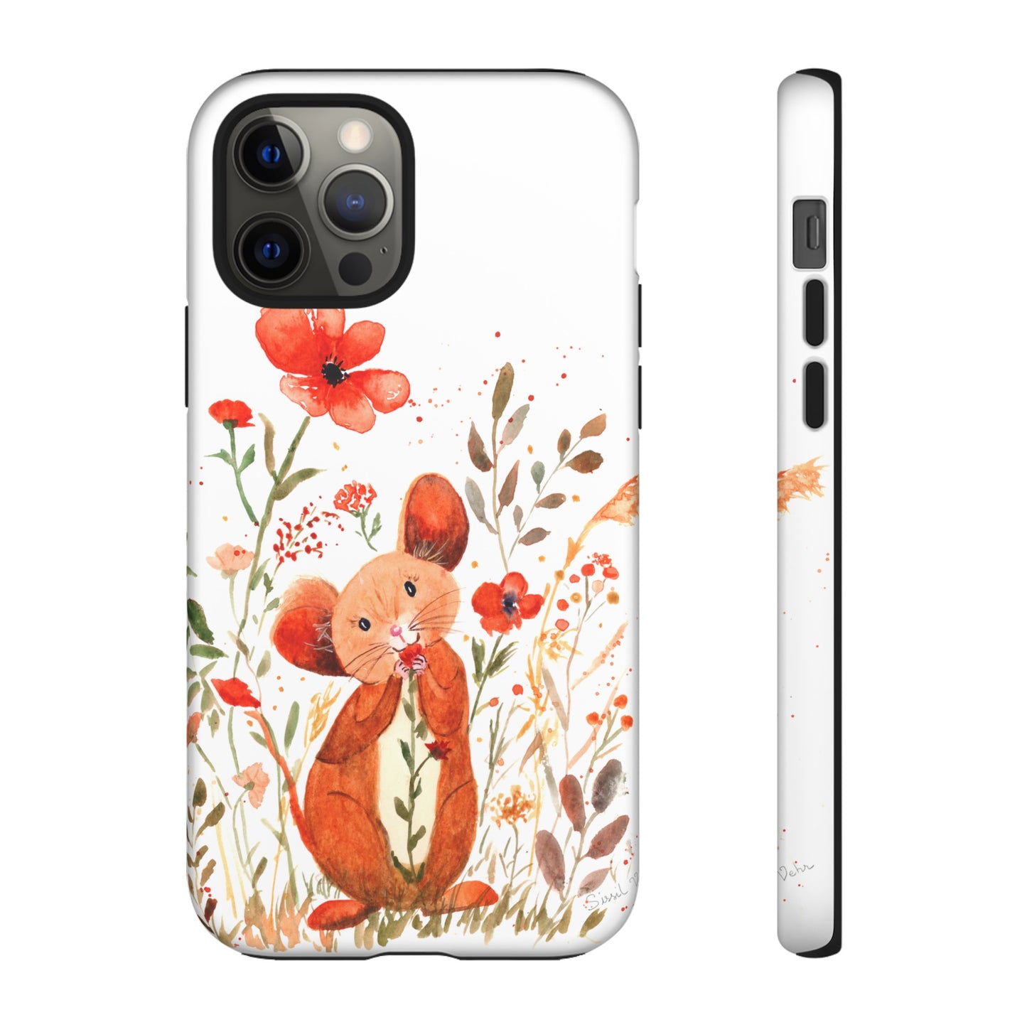 Coque téléphone robuste et résistante aux chocs  : Petite souris au milieu de fleurs