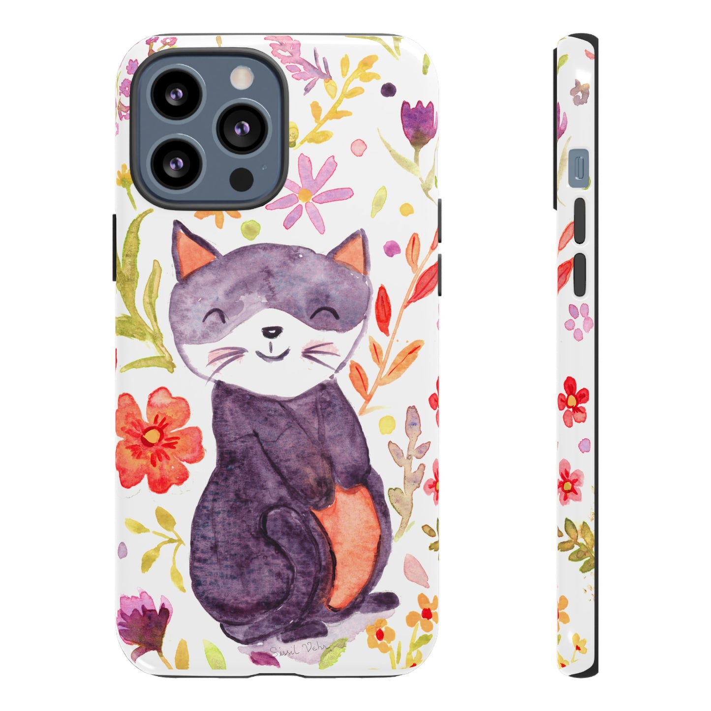 Robust and shock-resistant phone case Watercolor: Floral cat