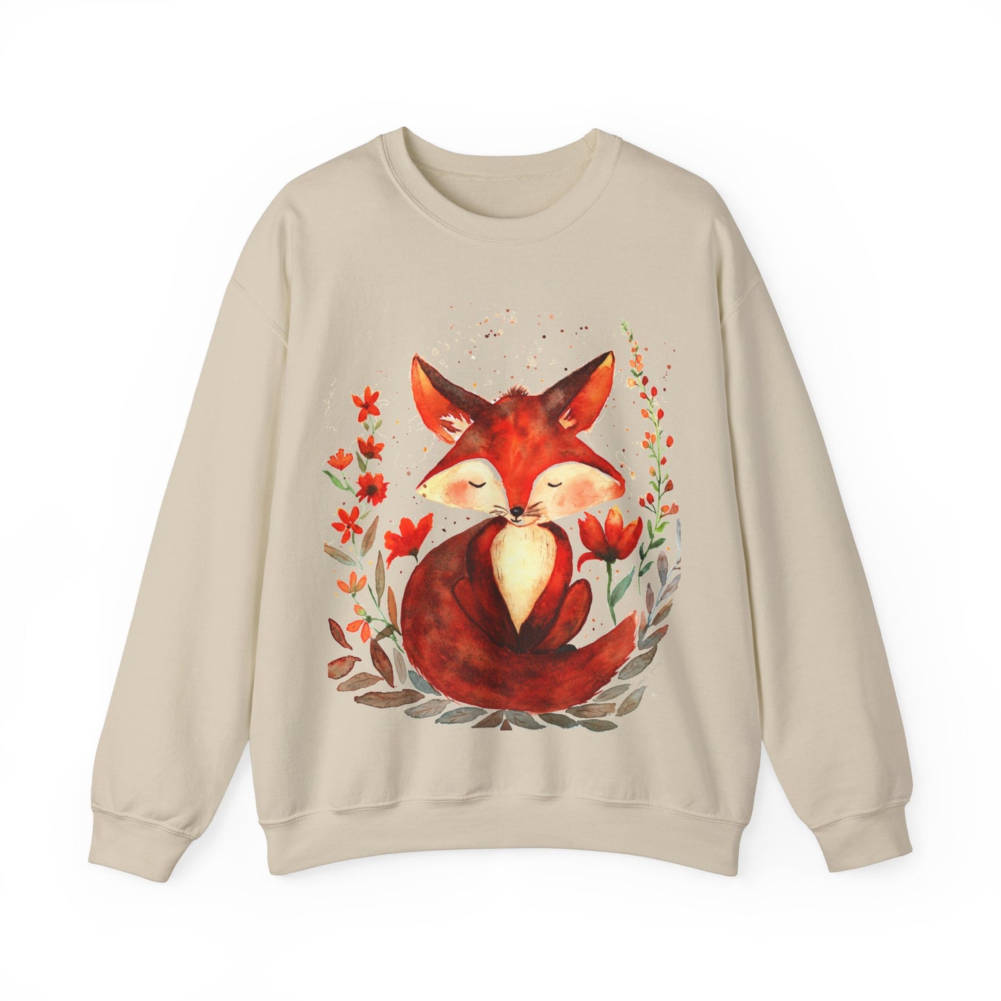 Pretty hand-painted fox and flowers Customizable sweatshirt: Unisex comfort clothing