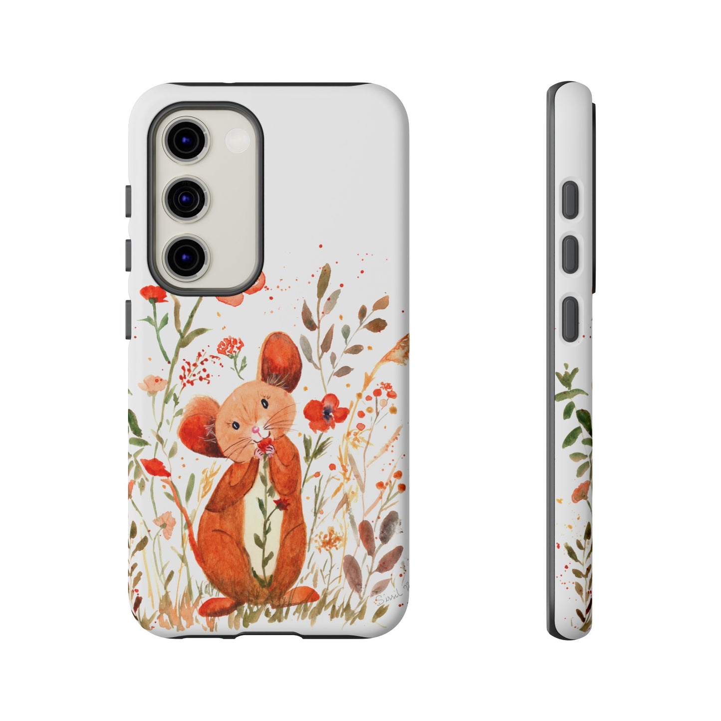 Coque téléphone robuste et résistante aux chocs  : Petite souris au milieu de fleurs