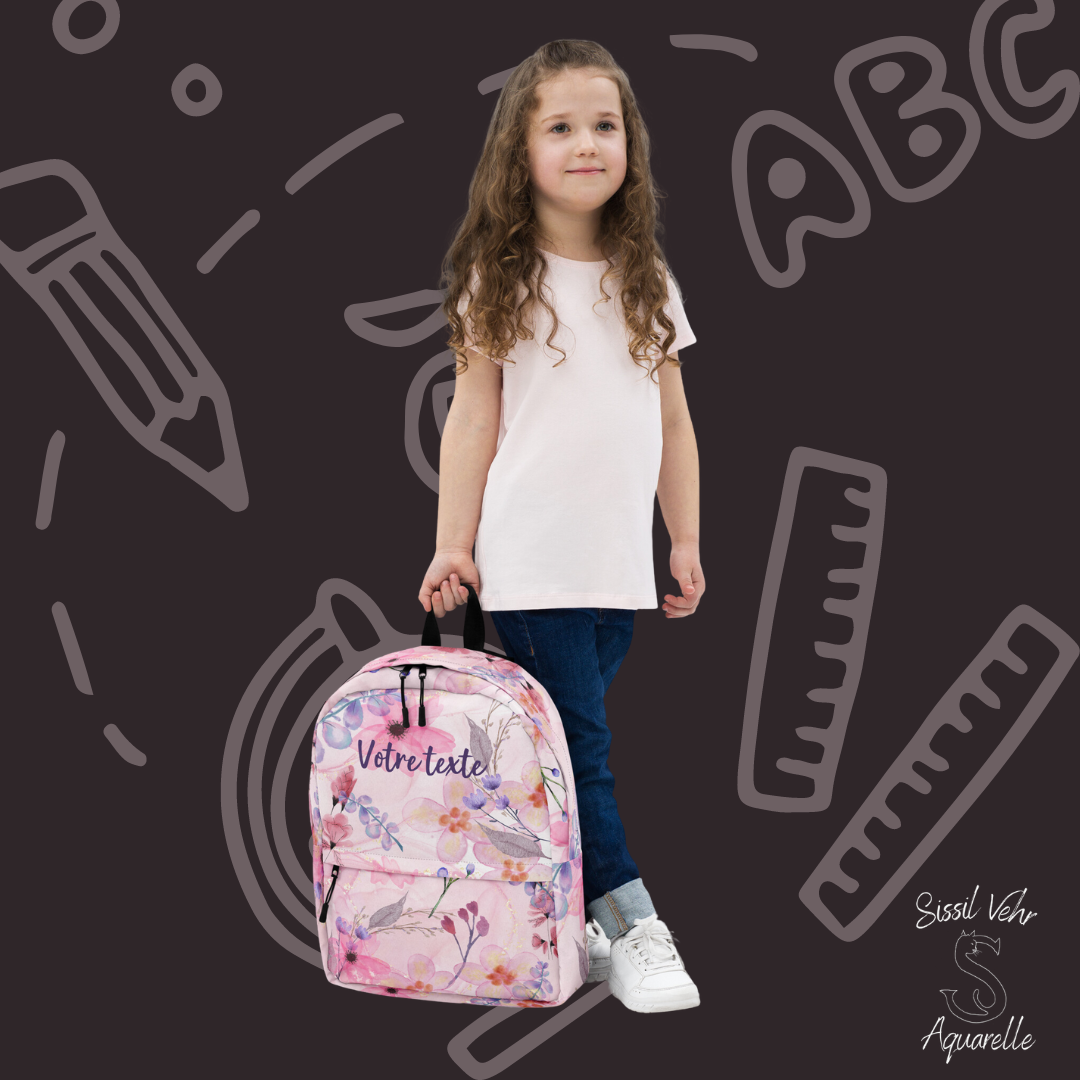 Sac à Dos Personnalisé pour Enfant et Adolescent - Motif Fleurs Aquarelle, Résistant à l'Eau, Prénom Personnalisé