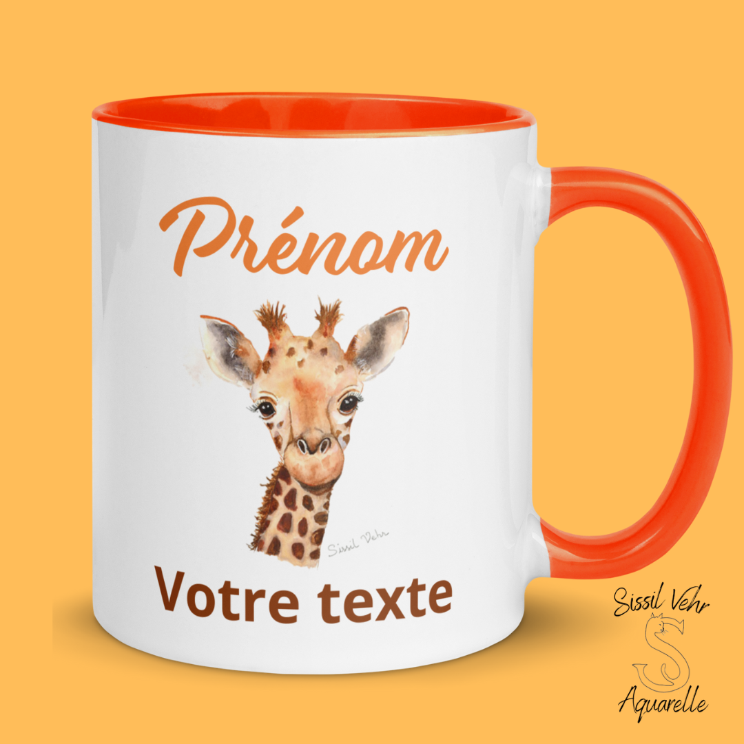 Mug en céramique personnalisé avec girafe peinte à l'aquarelle - Poignée et intérieur colorés - Idéal pour enfant